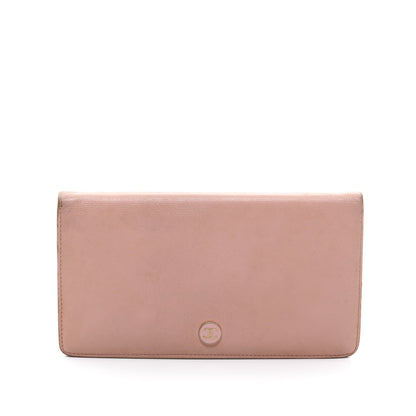 Bi-fold Long Pink Wallet in Calfskin, Gold hardware