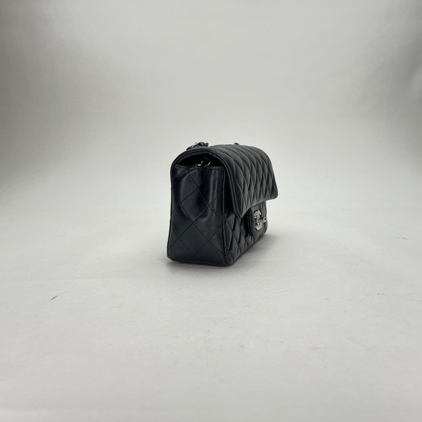 Classic Flap Mini Rectangle Navy Shoulder Bag in Lambskin, Silver hardware