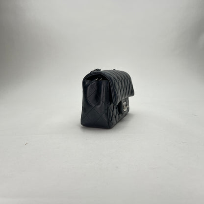 Classic Flap Mini Rectangle Navy Shoulder Bag in Lambskin, Silver hardware