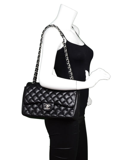 Chanel Black Lambskin Quilted Double Flap Jumbo Bag SHW