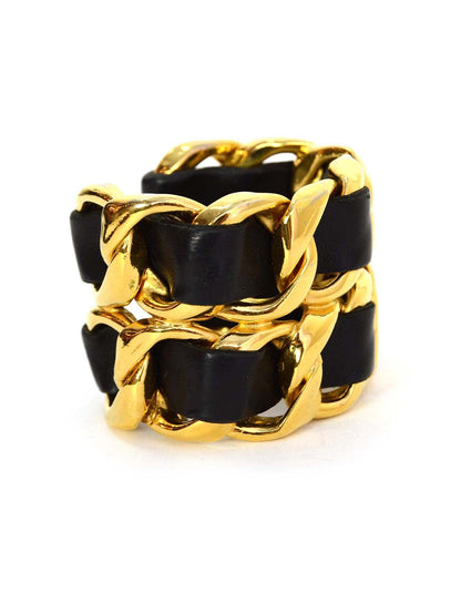 Chanel Vintage Black/Gold Wide Leather Laced Cuff Bracelet