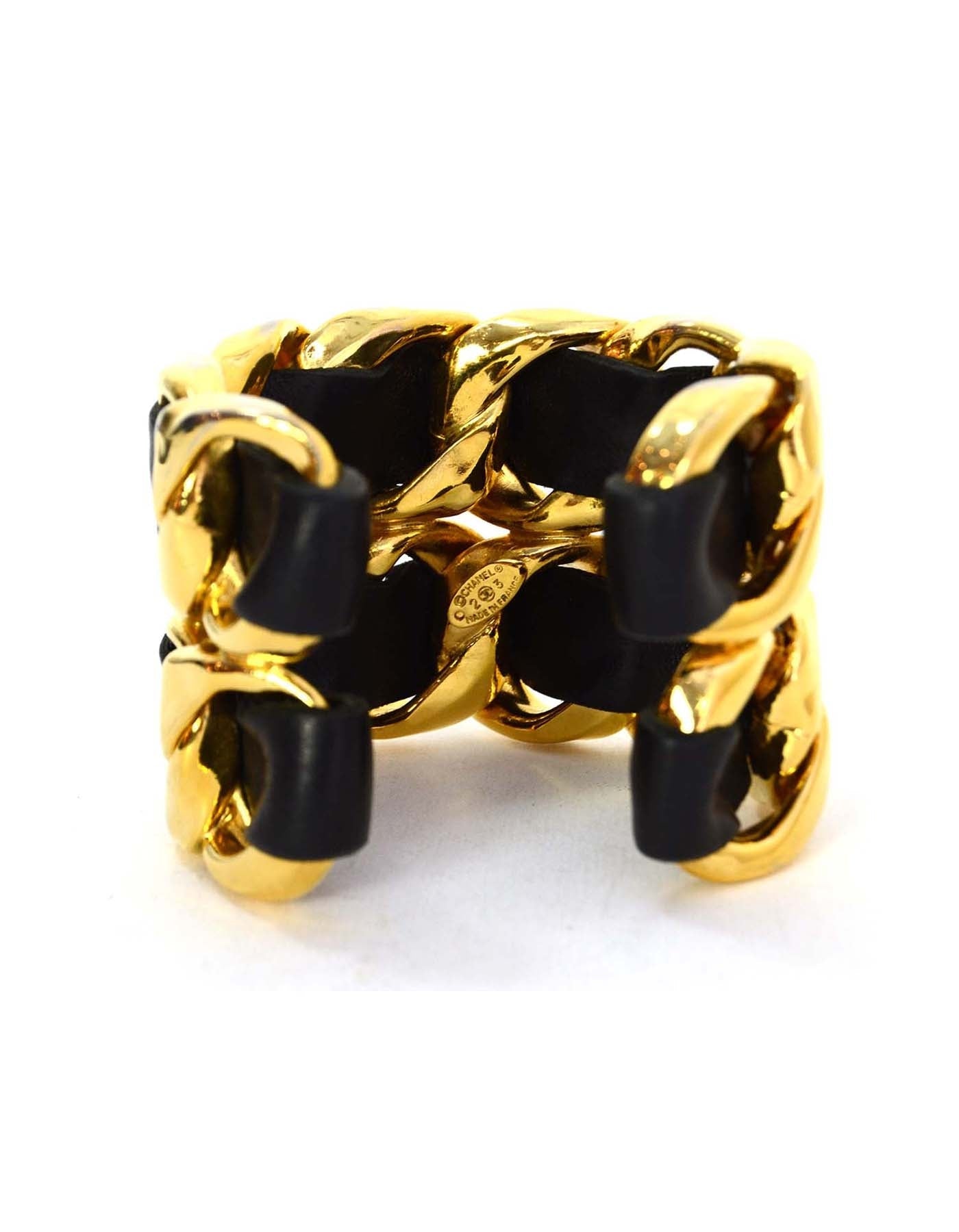 Chanel Vintage Black/Gold Wide Leather Laced Cuff Bracelet
