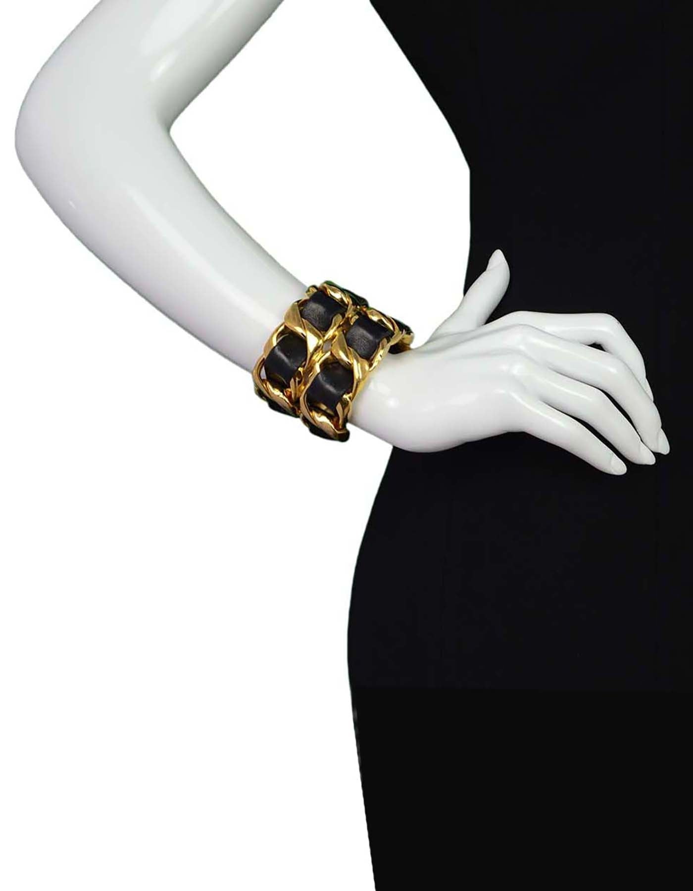 Chanel Vintage Black/Gold Wide Leather Laced Cuff Bracelet