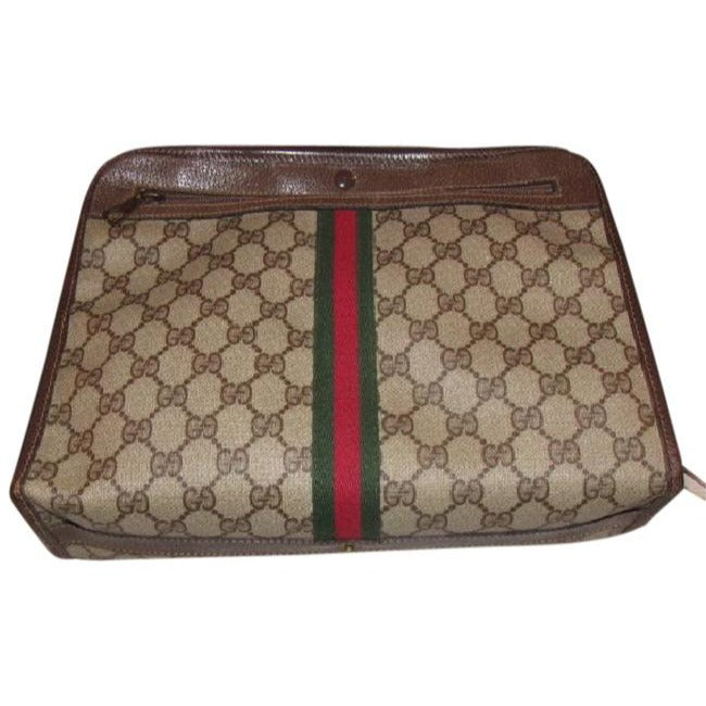 Gucci Ophidia Brown Crossbody Guccissima Coated Canvas Leather Top Handle Red Green Stripe