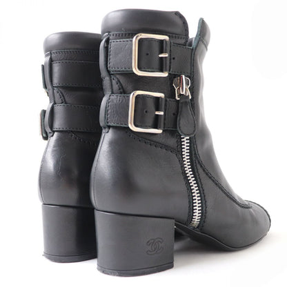 Chanel Leather COCO Mark Strap Zip Boots Black