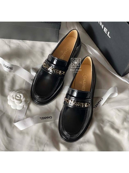 Gold Lettering Shiny Calfskin Loafers Black Chanel