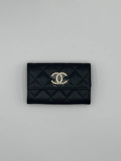 CC Logo Flap Caviar Card Wallet Black Chanel