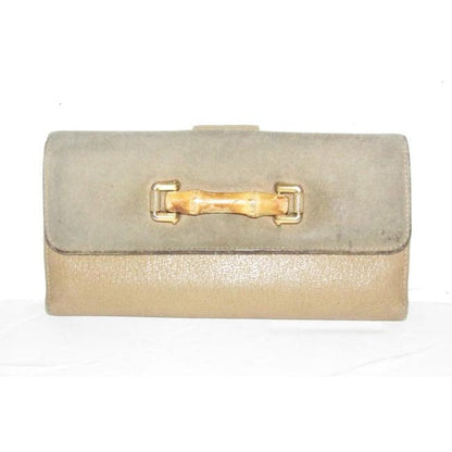 Vintage, Gucci, brown suede and leather, XL wallet with interior compartments, a bamboo and gold horse bit accent on the front