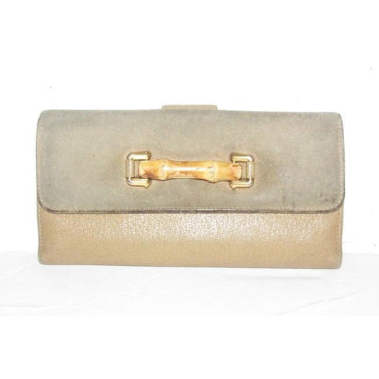 Vintage, Gucci, brown suede and leather, XL wallet with interior compartments, a bamboo and gold horse bit accent on the front