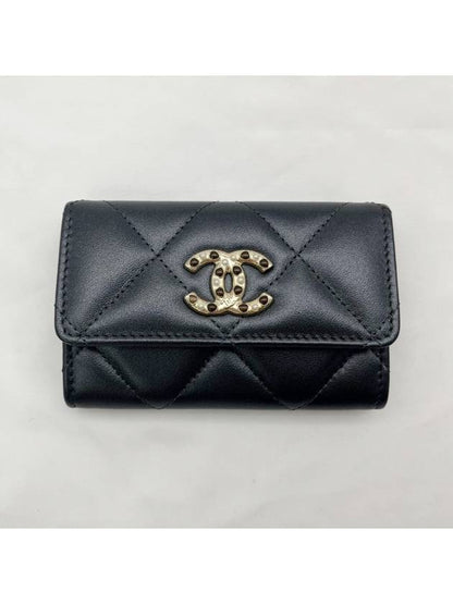 CC Logo Flap Lambskin Card Wallet Black Chanel