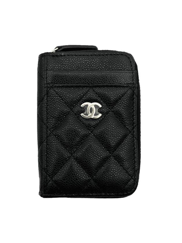 CC Logo Zip Around Caviar Leather Card Wallet Black Chanel