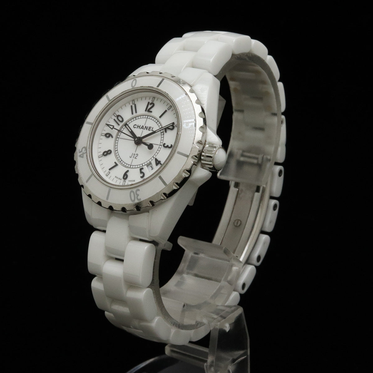 Chanel J12 White Ceramic White 33mm Date Lady QZ Quartz Watch H0968