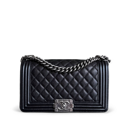 Chanel Boy Medium - Caviar 25CM Quilted Black Ruthenium Silver Hardware Series 19