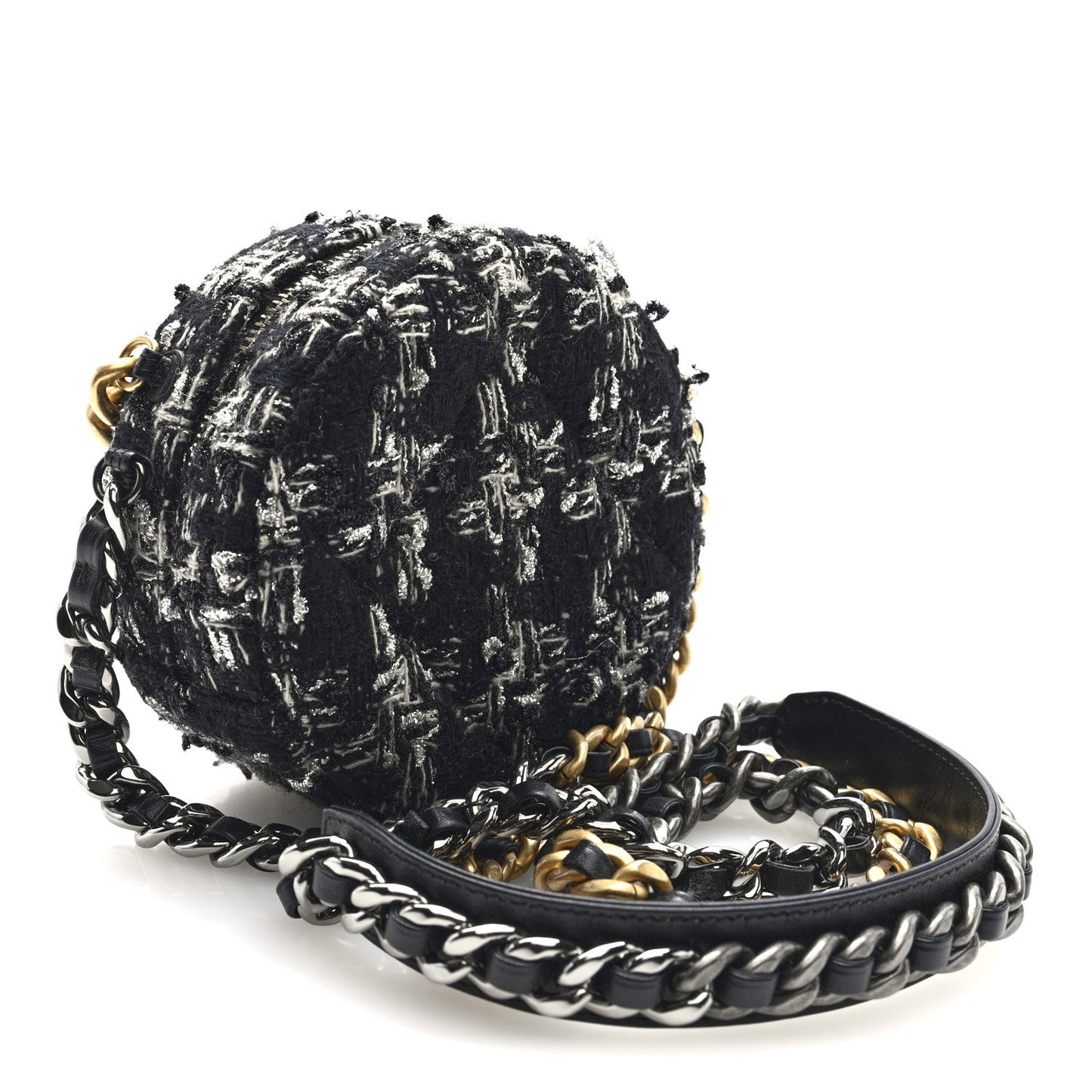 Tweed Quilted 19 Round Clutch With Chain Black White