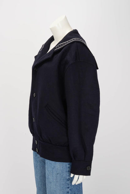 Dior Navy Wool Pearl Embellished Logo Jacket FR 36