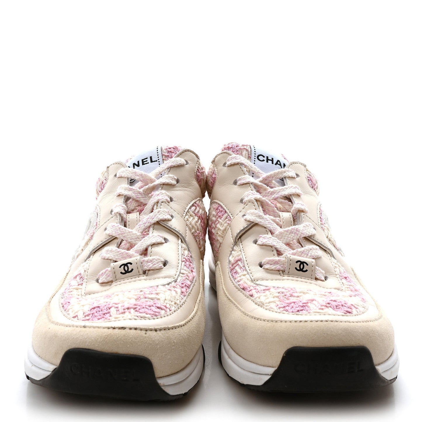 Tweed Suede Calfskin Womens CC Sneakers 39 Pink Ecru