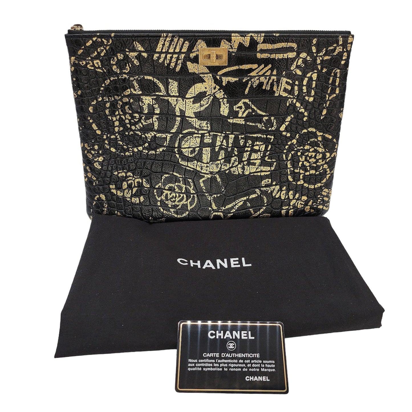 Chanel Black And Gold Croc-Embossed O-Case 2.55 Reissue