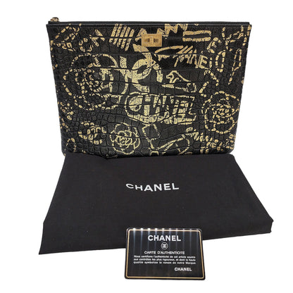 Chanel Black And Gold Croc-Embossed O-Case 2.55 Reissue