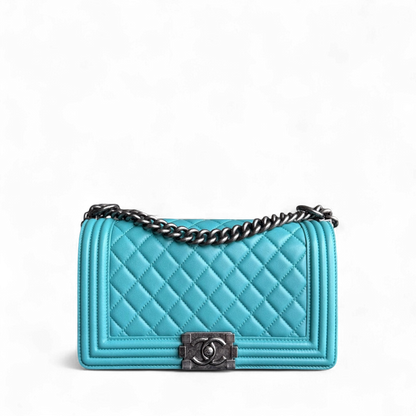 Chanel Boy Medium - 25CM Quilted Lambskin Blue Ruthenium Silver Hardware Series 19