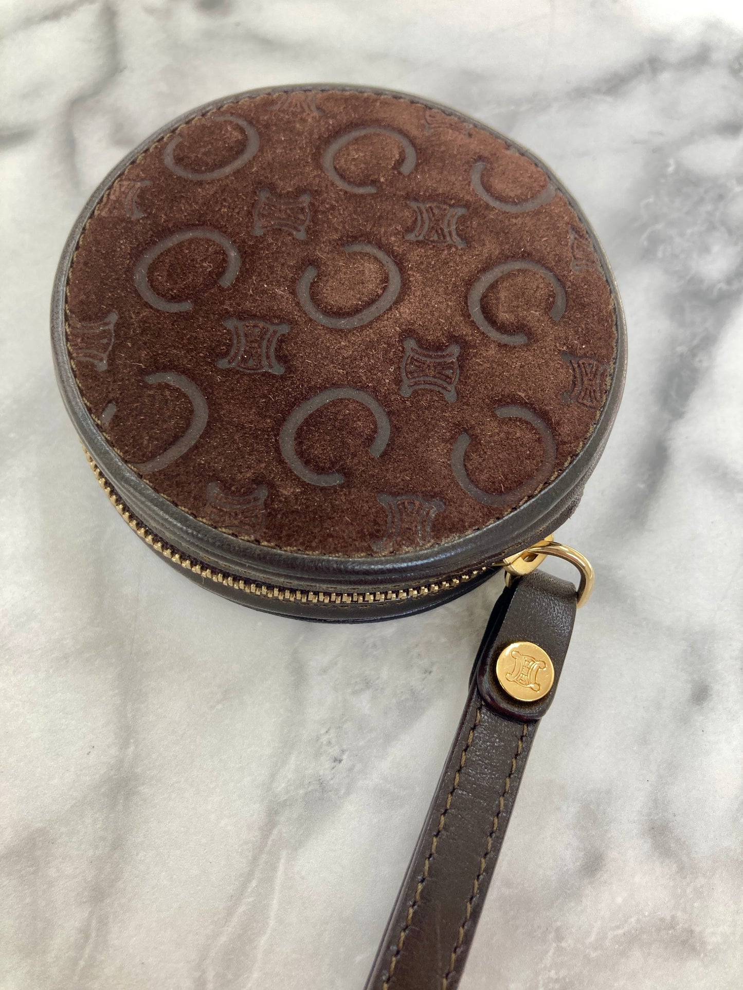 CELINE C- Suede Leather Round Coin Purse Brown Vintage 6z2vft