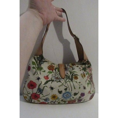 RARE, Gucci, unique, flora design fabric and nude leather, 1961 Jackie hobo style purse with vibrant colors, a gold piston closure