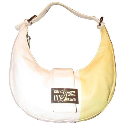 Fendi Pink & Yellow Leather Ltd Ed Color Block Baguette Hobo Bag w Enamel & Chrome Accents