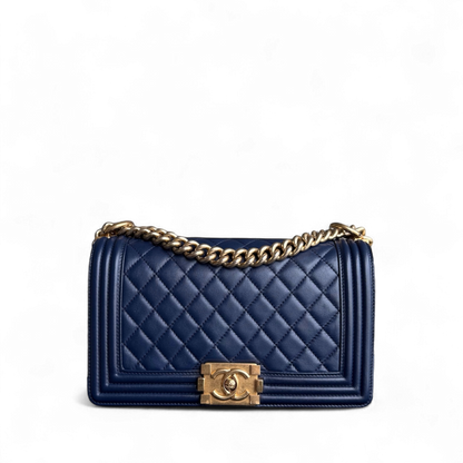 Chanel Boy Meidum - 25CM Quilted Lambskin Dark Blue Gold Hardware Series 21