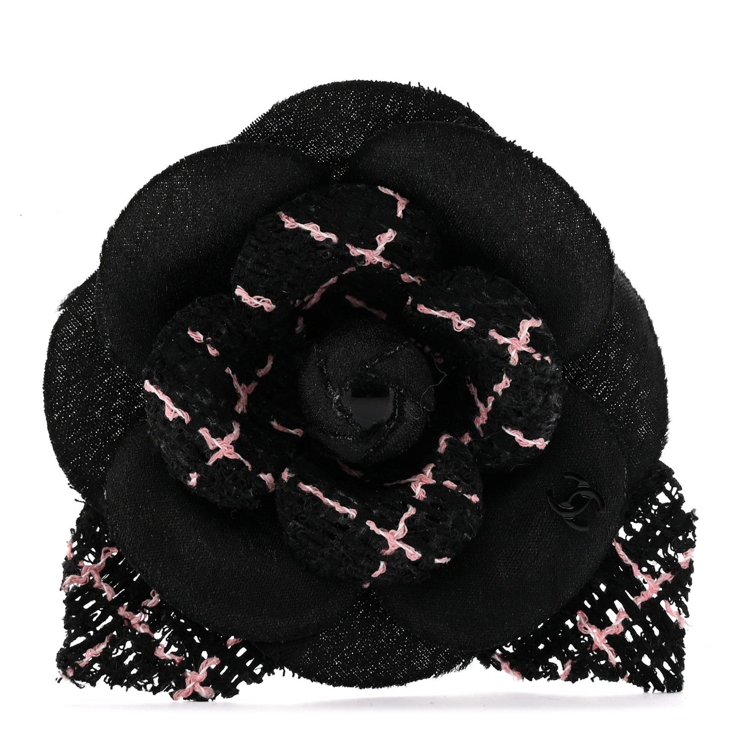 Tweed Camellia Pin Brooch Black Pink