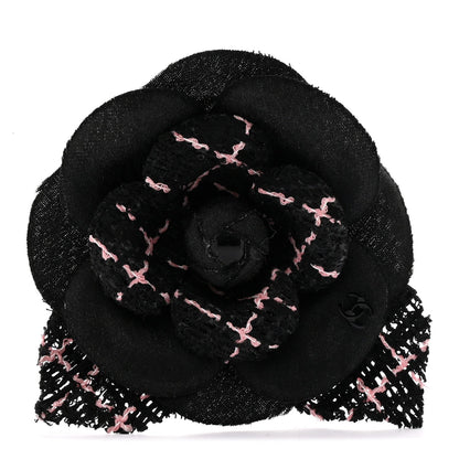Tweed Camellia Pin Brooch Black Pink