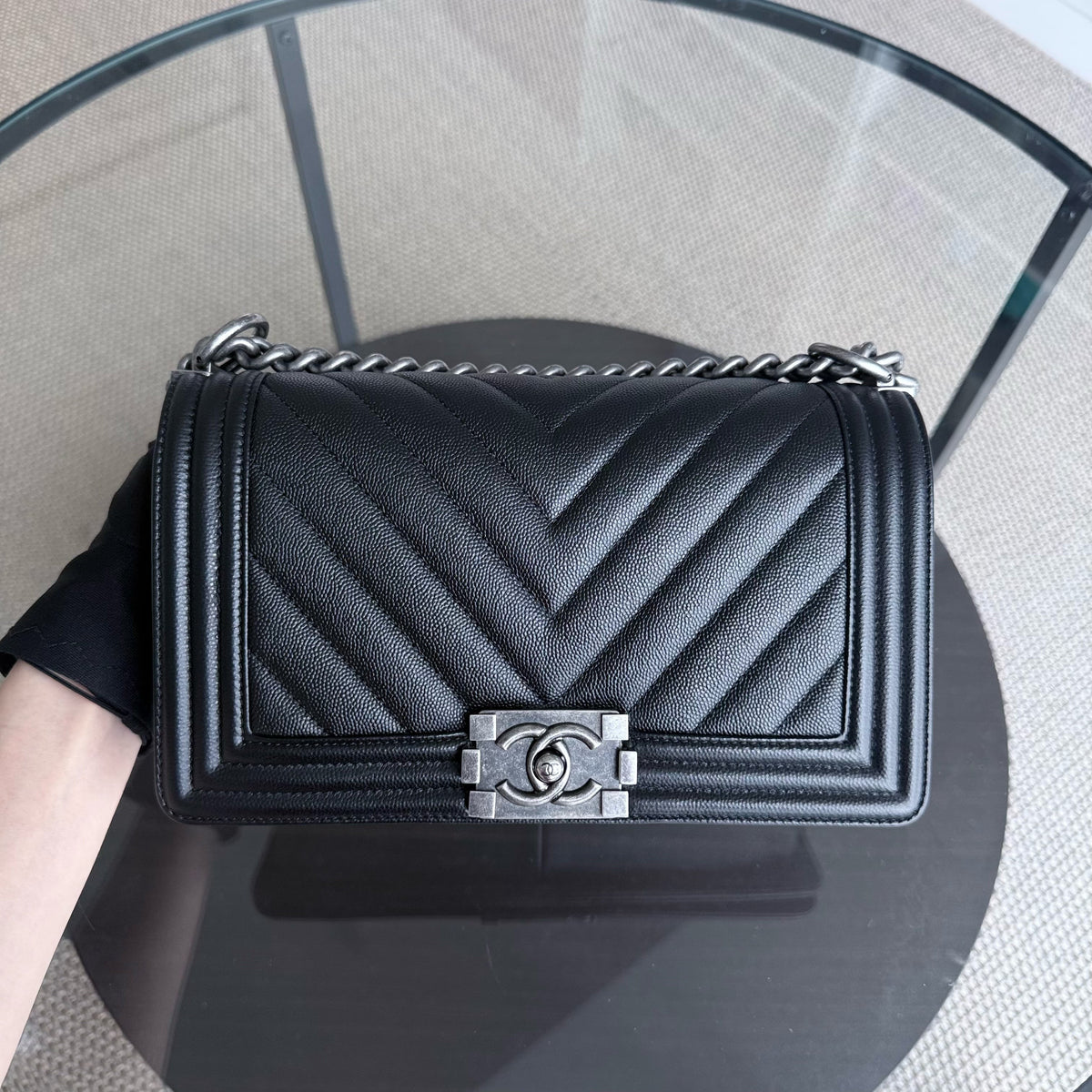 Chanel Boy Medium - Caviar 25CM Chevron Black Ruthenium Silver Hardware Series 24