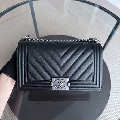 Chanel Boy Medium - Caviar 25CM Chevron Black Ruthenium Silver Hardware Series 24