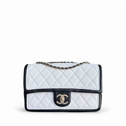 Chanel Seasonal Flap - 25CM Quilted Lambskin Bi-Color White Black Gold Hardware Series 20