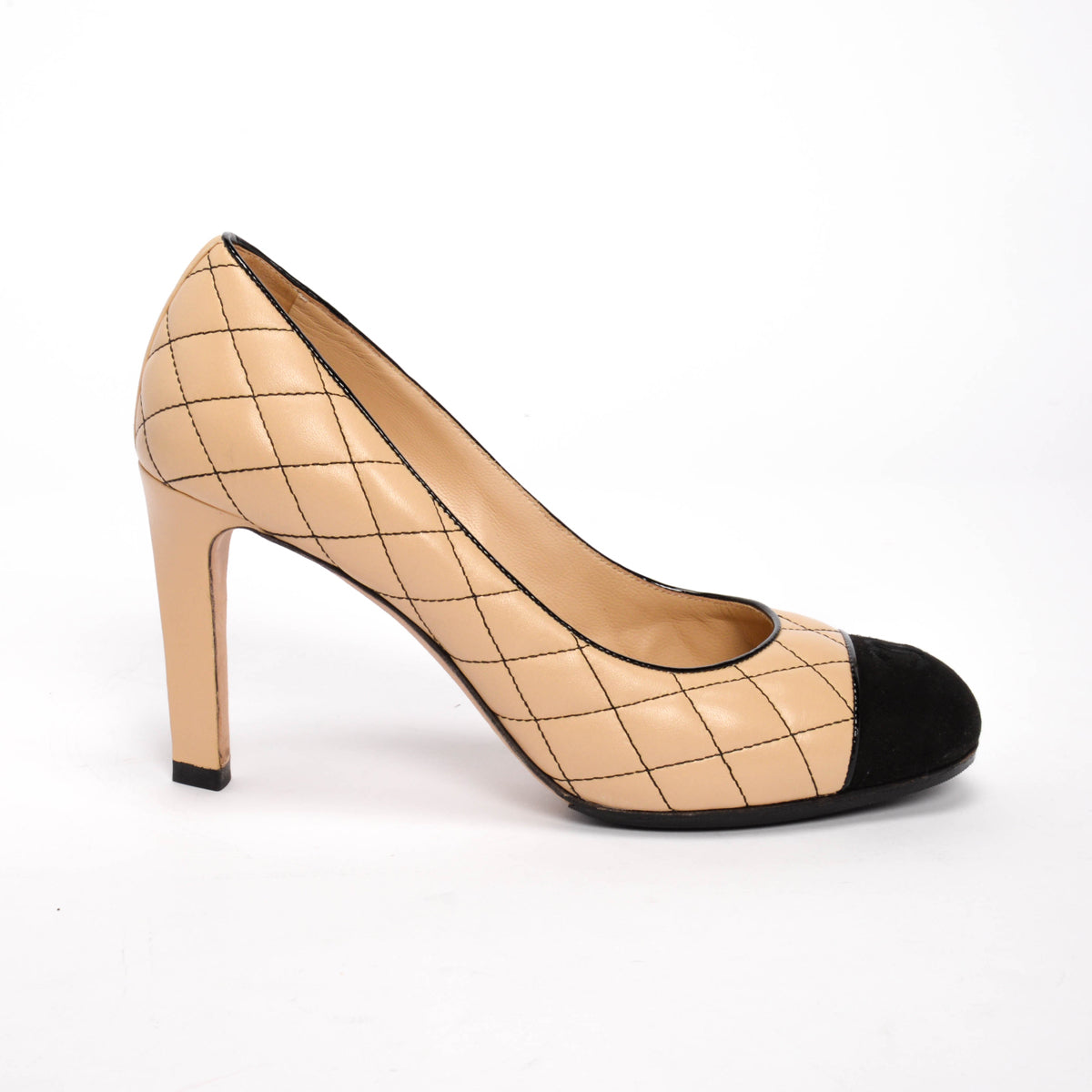 Chanel Beige & Black Quilted CC Cap Toe Pumps 39.5