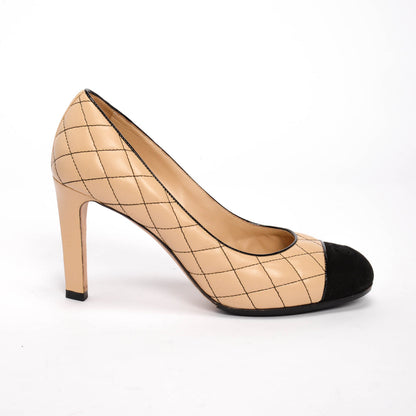 Chanel Beige & Black Quilted CC Cap Toe Pumps 39.5