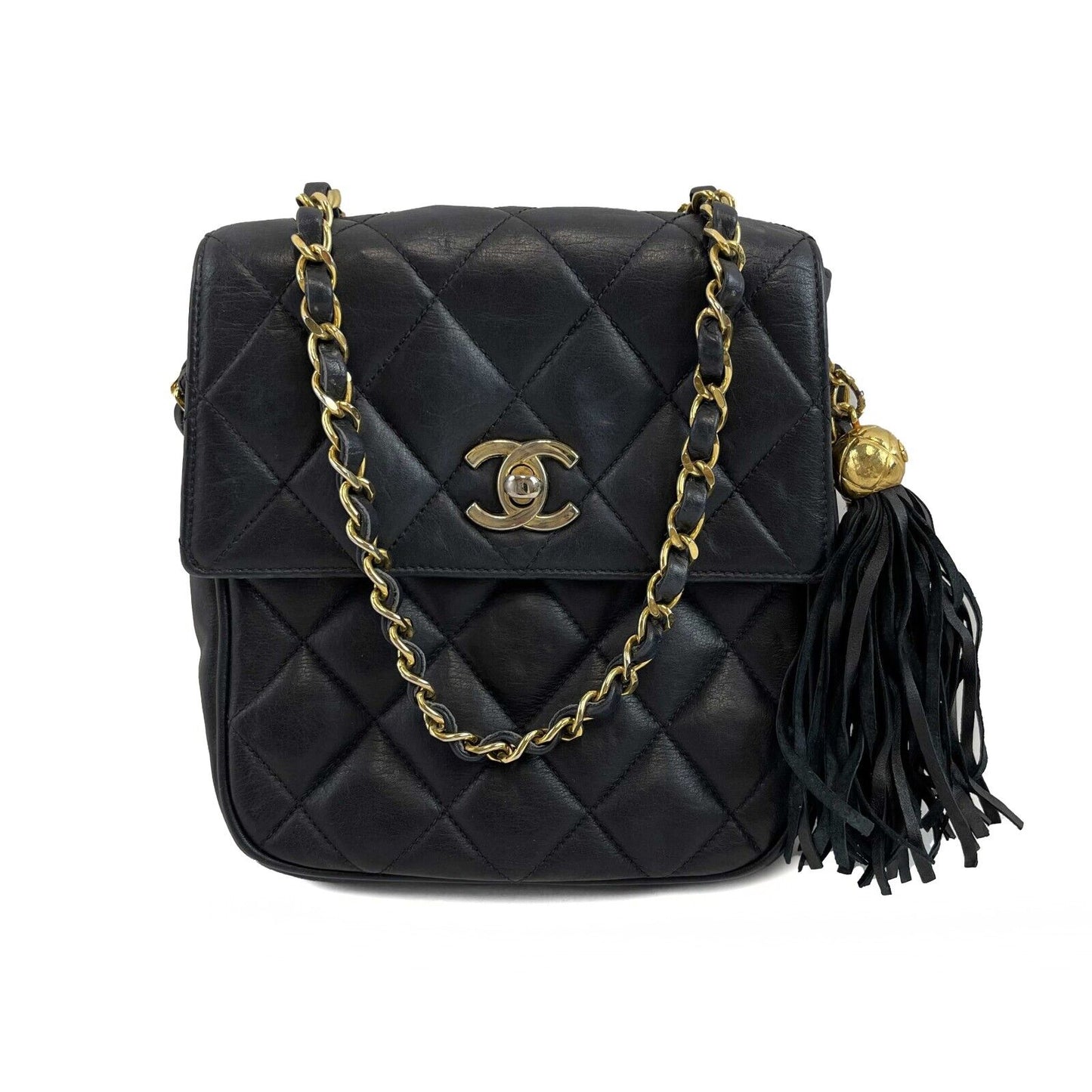 CHANEL Small Square New Leather Vintage Gold CC Tassel Black Crossbody Handbag