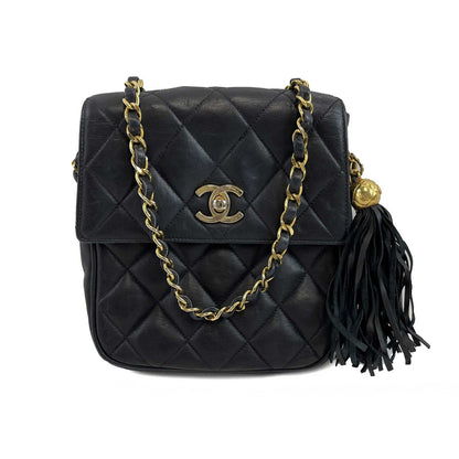 CHANEL Small Square New Leather Vintage Gold CC Tassel Black Crossbody Handbag