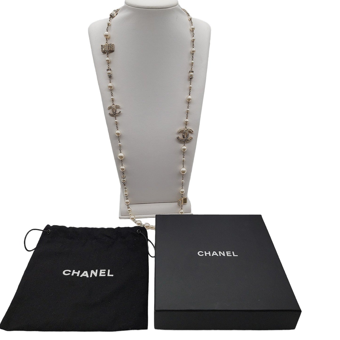 Chanel CC Faux Pearl and Crystal Long Necklace