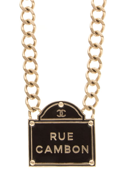 Chanel 2015 Black and Gold Name Plate Rue Cambon Necklace