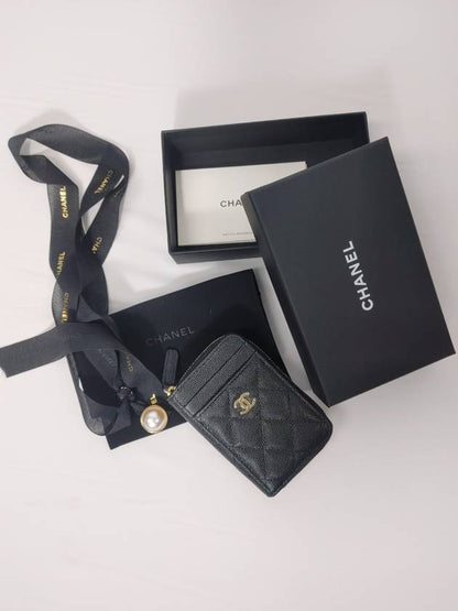 CC Logo Zip Around Caviar Leather Card Wallet Black Chanel
