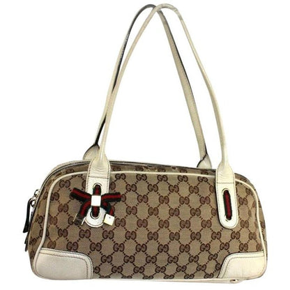 Gucci W Print Canvasleather Sherry Stripe Accents Brown Guccissimawhite Leathercanvas Satchel