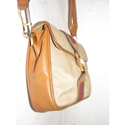 Gucci Tan & Brown Leather Jackie Satchel w Red & Green Sherry Stripe