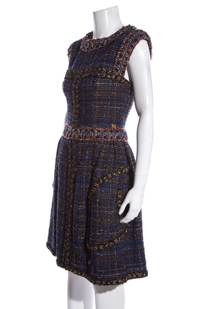 Chanel Blue/Gold 2013 tweed sleeveless dress SZ 36