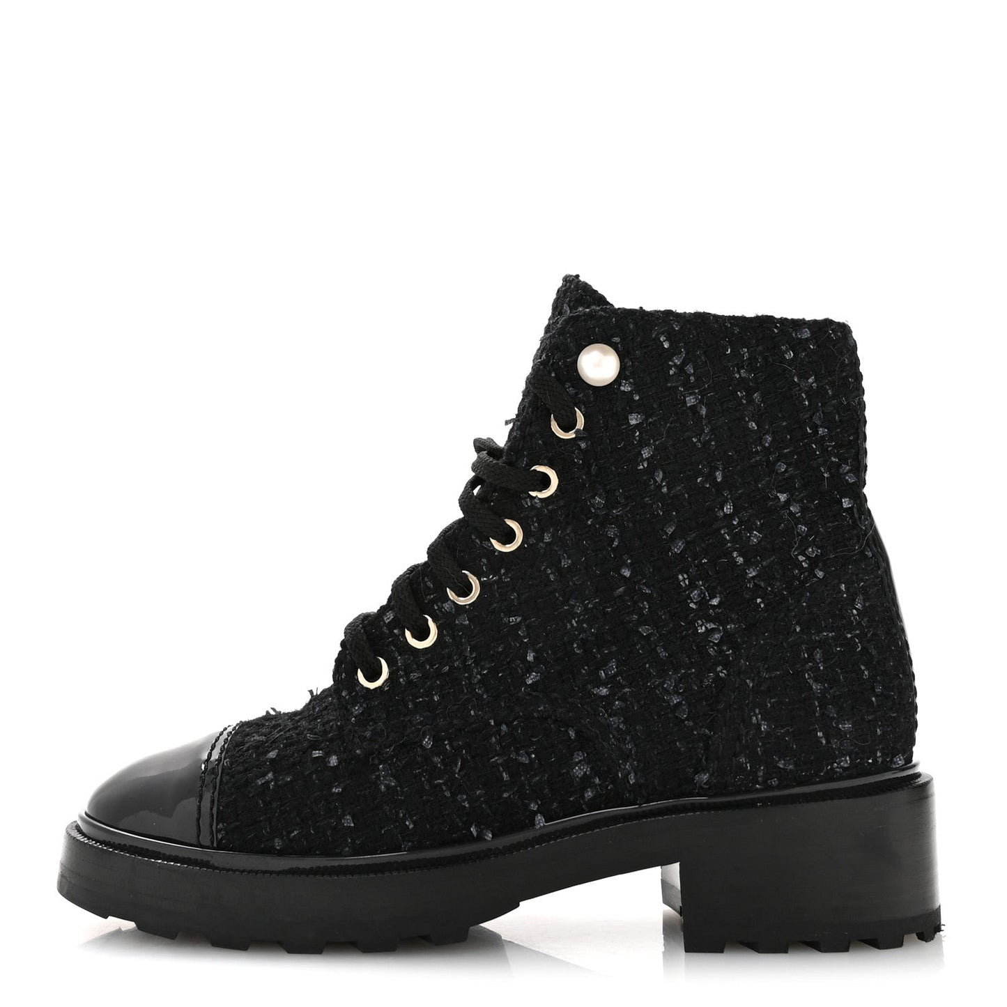 Tweed Patent Calfskin Pearl Combat Short Boots 37  Black Grey Blue