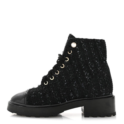 Tweed Patent Calfskin Pearl Combat Short Boots 37  Black Grey Blue