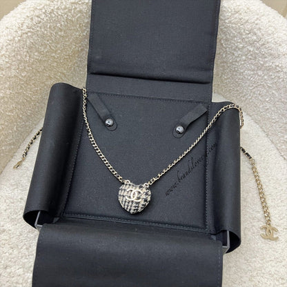 Chanel 22K Heart Tweed Necklace in LGHW (Model: AB9483)
