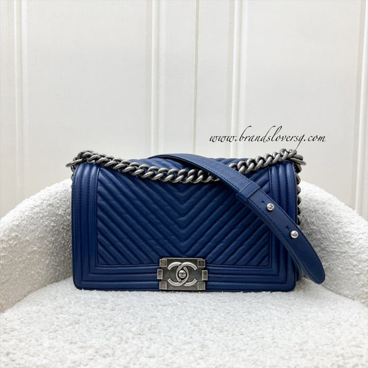 Chanel Medium 25cm Boy Flap in Chevron Quilted Crumpled Blue Leather and RHW