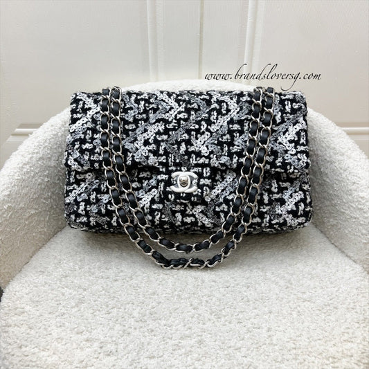 Chanel Medium Classic Flap CF in Tweed, Black and White Sequins and SHW