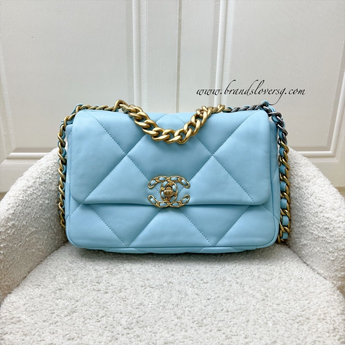 Chanel 19 Small Flap in Sky Blue Lambskin and 3-Tone Hardware (Model: AS1160)
