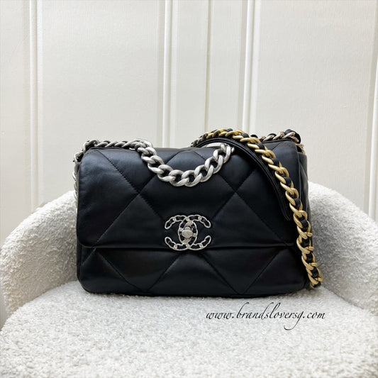 Chanel 19 Small Flap in Black Lambskin and 3-tone Hardware with Silver Turnlock (Model: AS1160)