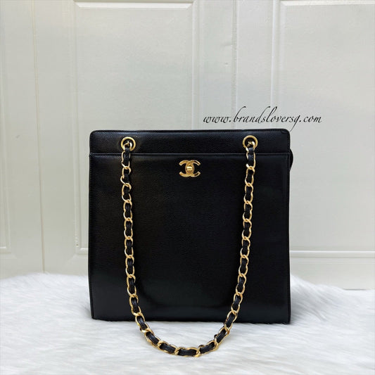 Chanel Vintage Tote Bag with CC Turnlock in Black Caviar and 24K Gold Plated HW